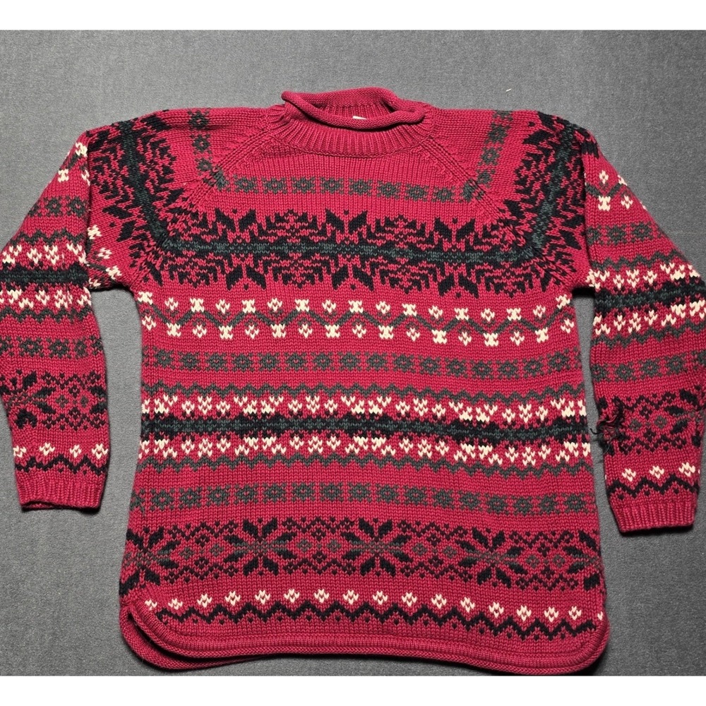 Eddie Bauer Fair Isle Sweater‎ Womens Medium Red Black Winter Holiday Pullover